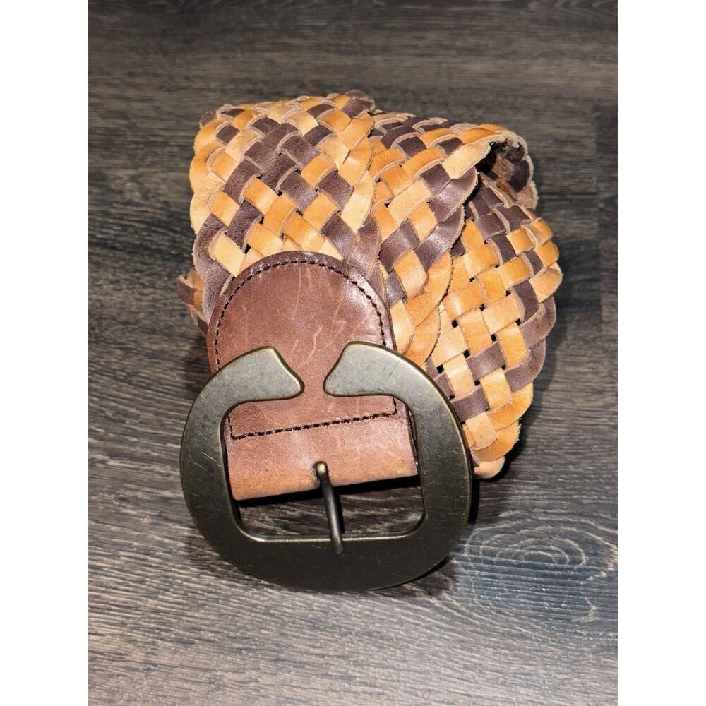 Linea Pelle Brown Multicolor Leather Woven Braided Wide Belt Brass Buckle - Lg